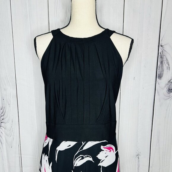 52seven Black Floral Maxi Halter Dress Sz 14 Keyhole Back Sleeveless Stretch - Picture 2 of 12